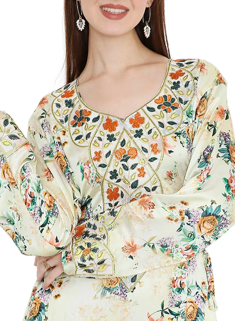 HANA & SARA VIBRANT COLOUR HAND BEADED FARASHA  UNIQUE FLORAL PRINTED ARABIC  JALABIYA DRESS