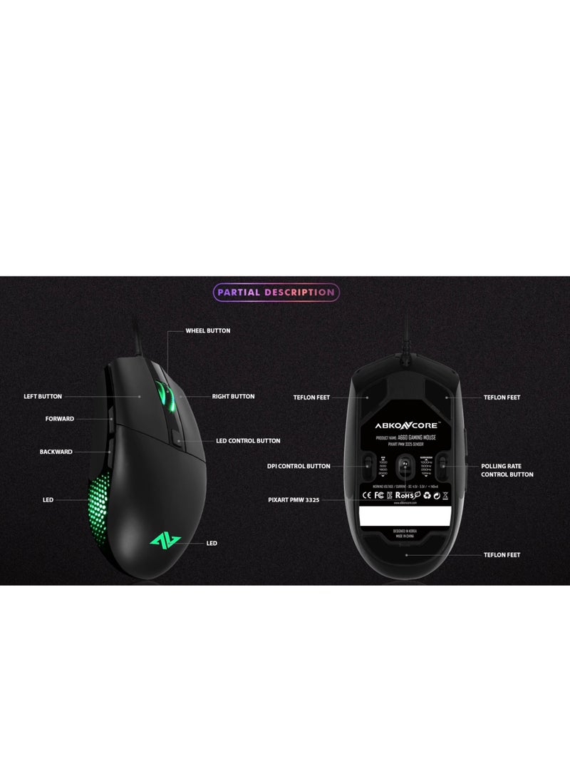 ABKONCORE - A660 GAMING MOUSE- PIXART PMW- 3325 SENSOR- BLACK - Image 1