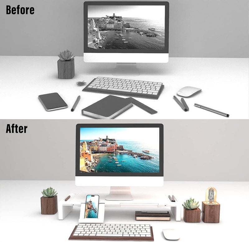 oimaster Monitor Stand Riser, Foldable Computer Monitor Riser, Adjustable Length Computer Stand and Storage Drawer & Pen Slot, Phone Stand Compatible Computer, Desktop, Laptop, Save Space (White) - Image 4