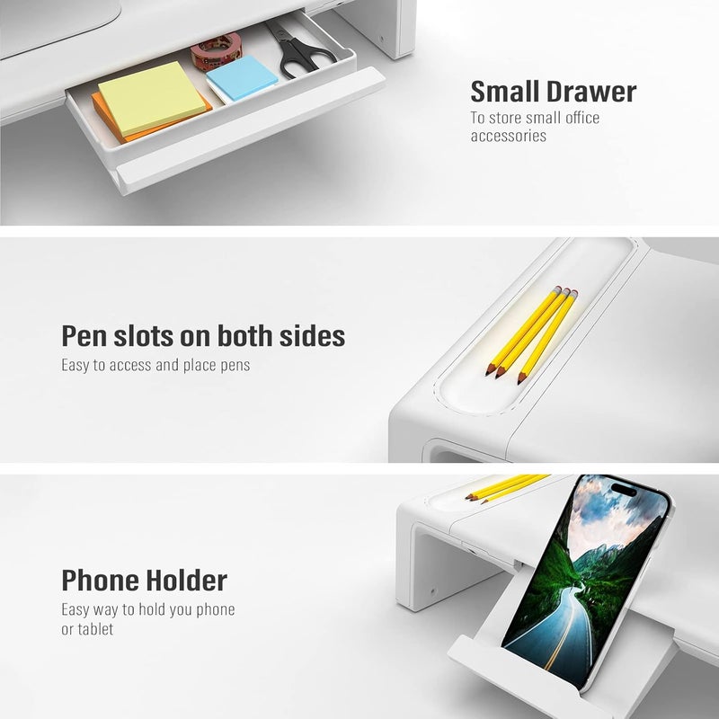 oimaster Monitor Stand Riser, Foldable Computer Monitor Riser, Adjustable Length Computer Stand and Storage Drawer & Pen Slot, Phone Stand Compatible Computer, Desktop, Laptop, Save Space (White) - Image 2