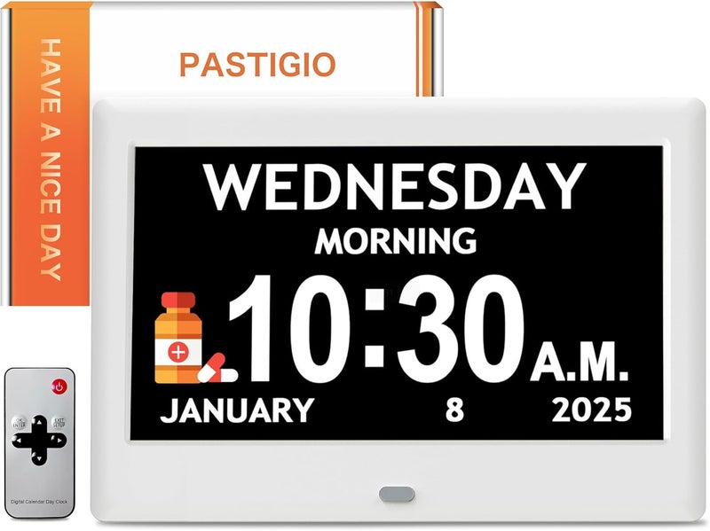 Pastigio ساعة رقمية 2025 جديدة، ساعة ديمينشيا 7 بوصة مع التاريخ والوقت لكبار السن، مع خاصية التعتيم التلقائي، 12 تذكير و 6 منبهات، زر وتحكم عن بعد، التوقيت الصيفي التلقائي، تقويم رقمي لكبار السن بشاشة كبيرة - Image 1