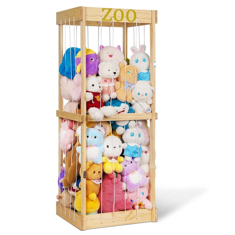 Trycooling Stuffed Animal Zoo Stuffed Animal Storage Wood Plushie Storage Stuffed Animals Zoo Storage Cage with Zoo Pattern Elastic Band for Nursery Play Room Bedroom Wood - Image 1