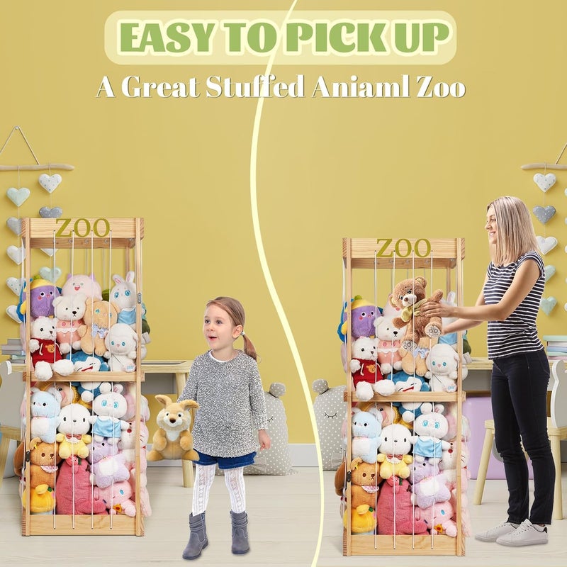 Trycooling Stuffed Animal Zoo Stuffed Animal Storage Wood Plushie Storage Stuffed Animals Zoo Storage Cage with Zoo Pattern Elastic Band for Nursery Play Room Bedroom Wood - Image 3
