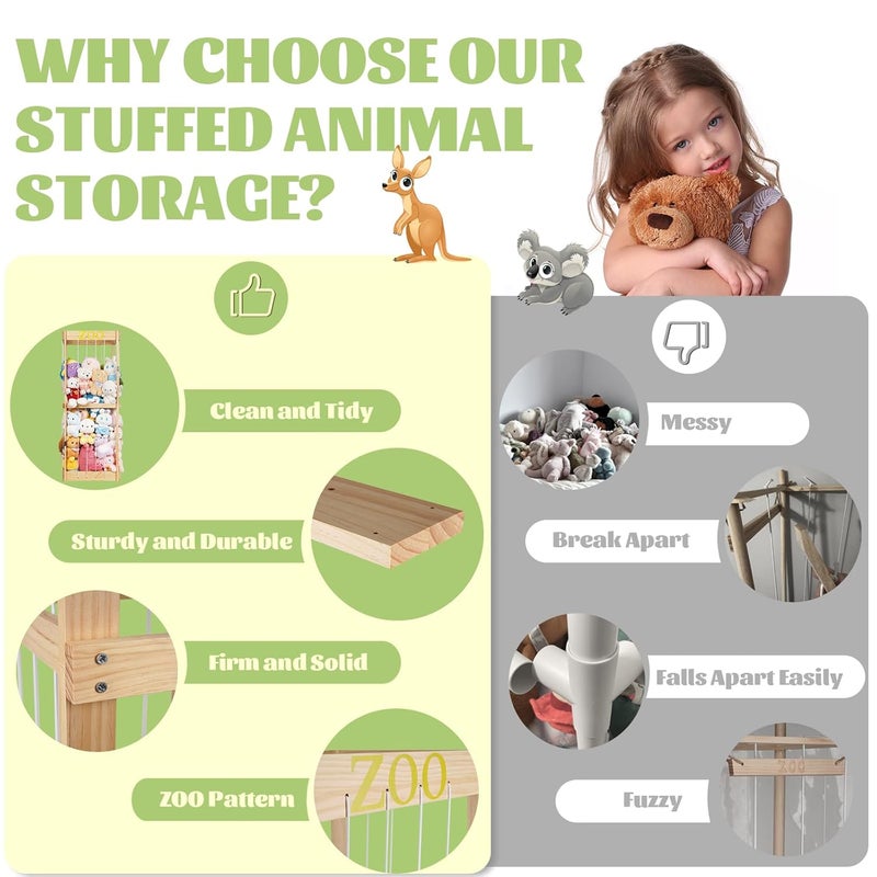 Trycooling Stuffed Animal Zoo Stuffed Animal Storage Wood Plushie Storage Stuffed Animals Zoo Storage Cage with Zoo Pattern Elastic Band for Nursery Play Room Bedroom Wood - Image 4