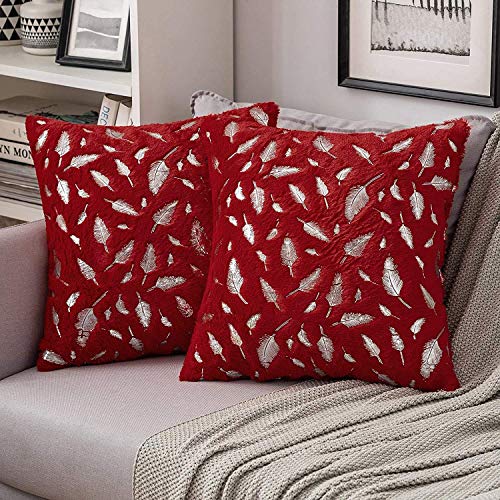 HOMECROWN 16x16 Inch Velvet Cushion Covers Set of 5 Pcs, Soft Decorative Faux Fur Throw Pillow Covers with Golden Feather Print for Sofa, Couch, Bed, Living Room - Maroon-250 TC - Image 2