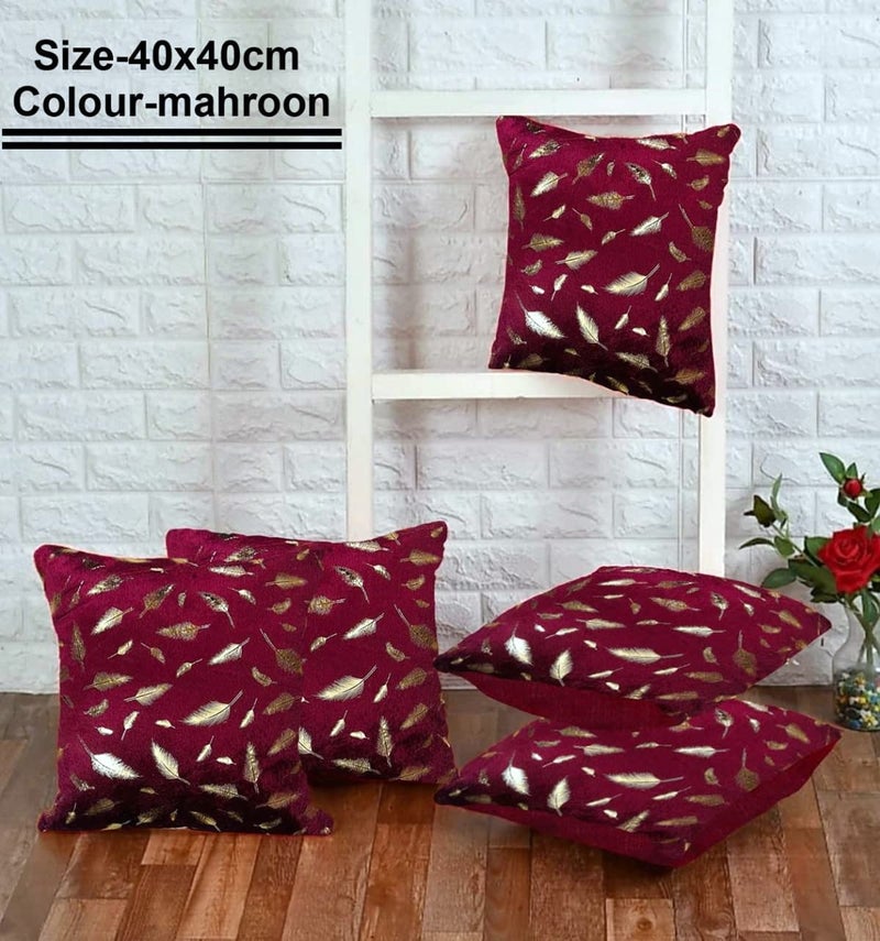 HOMECROWN 16x16 Inch Velvet Cushion Covers Set of 5 Pcs, Soft Decorative Faux Fur Throw Pillow Covers with Golden Feather Print for Sofa, Couch, Bed, Living Room - Maroon-250 TC - Image 4
