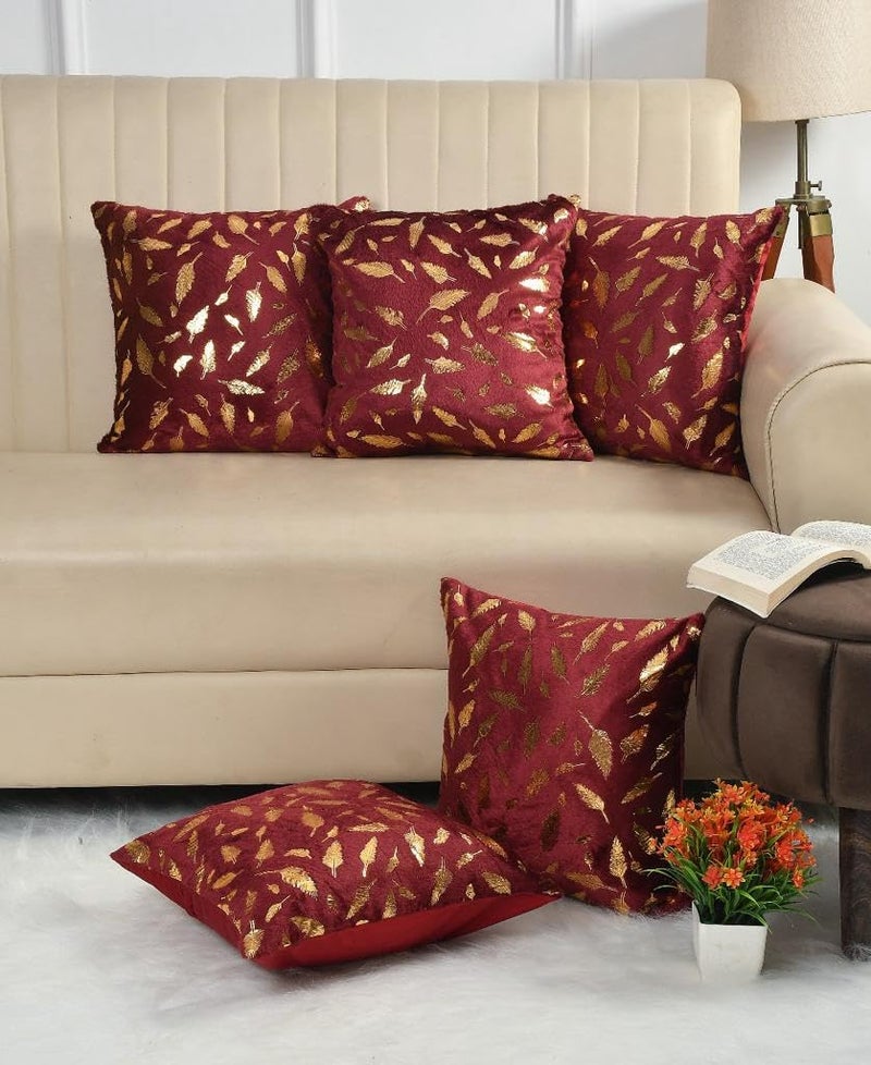 HOMECROWN 16x16 Inch Velvet Cushion Covers Set of 5 Pcs, Soft Decorative Faux Fur Throw Pillow Covers with Golden Feather Print for Sofa, Couch, Bed, Living Room - Maroon-250 TC - Image 1