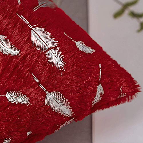 HOMECROWN 16x16 Inch Velvet Cushion Covers Set of 5 Pcs, Soft Decorative Faux Fur Throw Pillow Covers with Golden Feather Print for Sofa, Couch, Bed, Living Room - Maroon-250 TC - Image 3