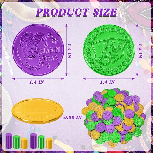 Fullive 200 PCS Mardi Gras Decorations 14 in Purple Gold Green Fake Coins Crown Masks Pattern Mardi Gras Gold Coins Plastic Coins Leprechaun Gold Coins Mardi Gras Table Decorations Costume Accessories - Image 5