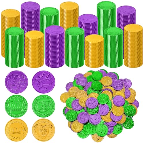 Fullive 200 PCS Mardi Gras Decorations 14 in Purple Gold Green Fake Coins Crown Masks Pattern Mardi Gras Gold Coins Plastic Coins Leprechaun Gold Coins Mardi Gras Table Decorations Costume Accessories - Image 1