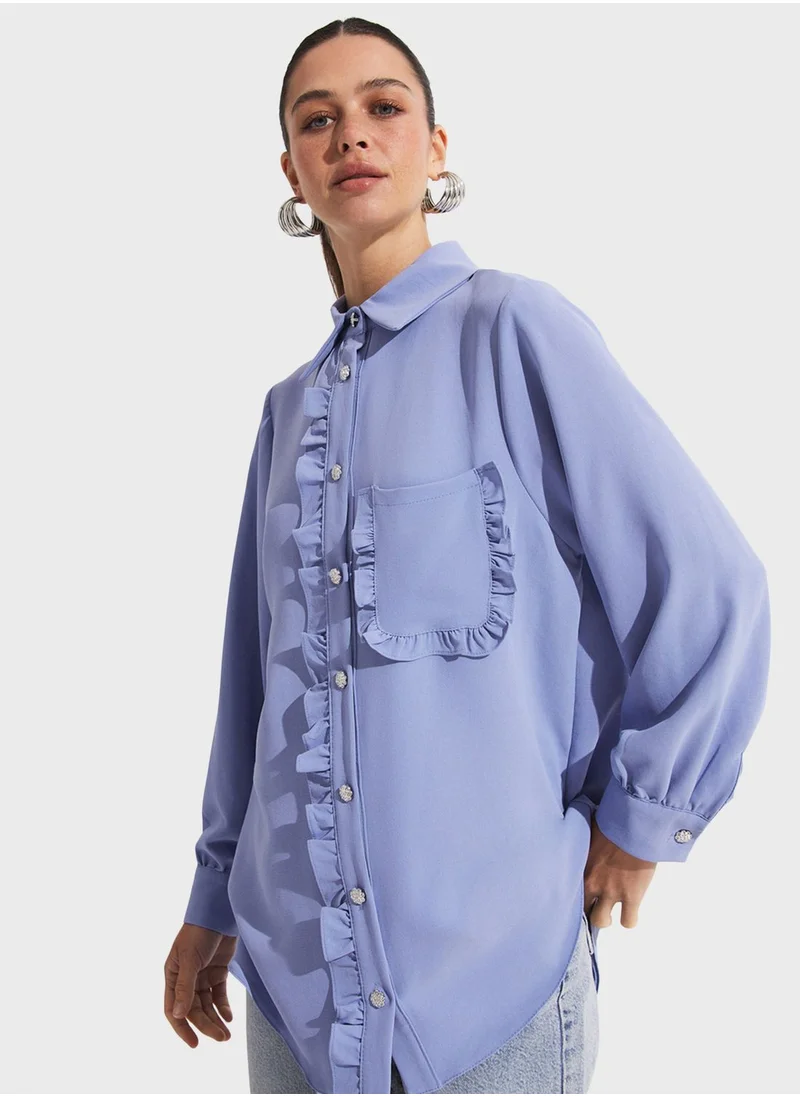 JUNE Ruffel Detail Button Down Shirt