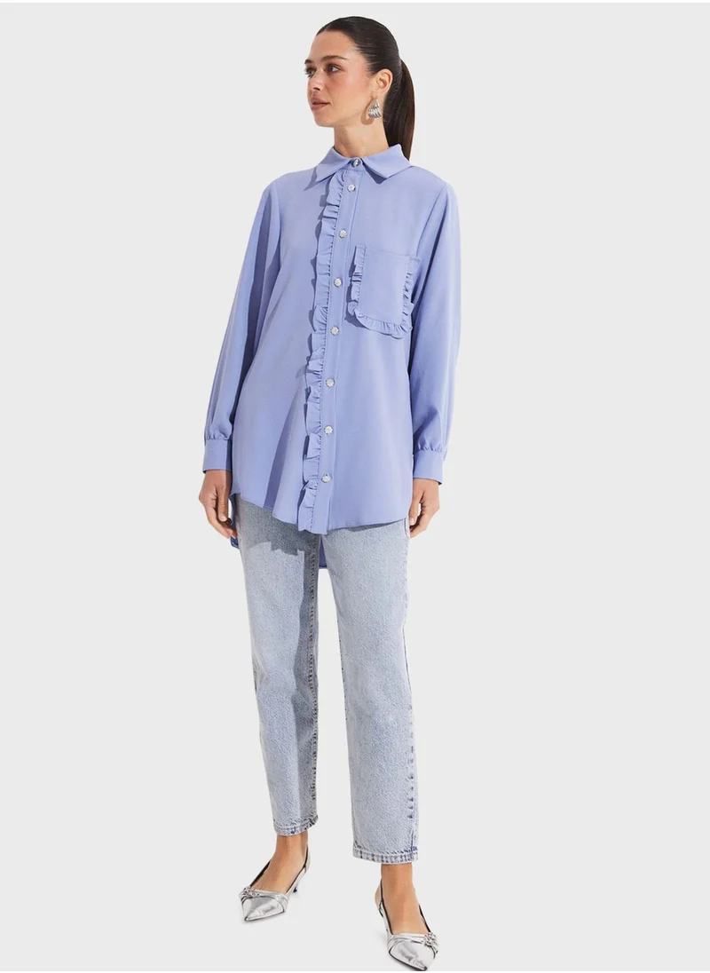 جون Ruffel Detail Button Down Shirt