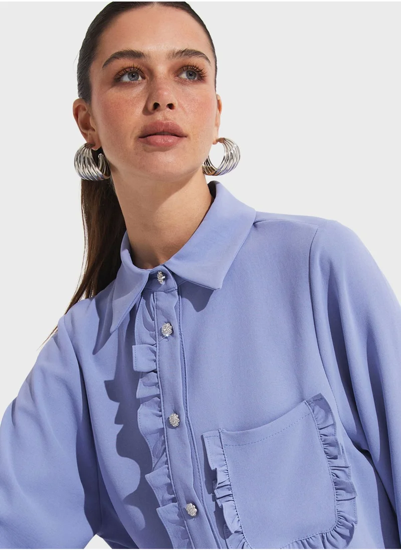 جون Ruffel Detail Button Down Shirt