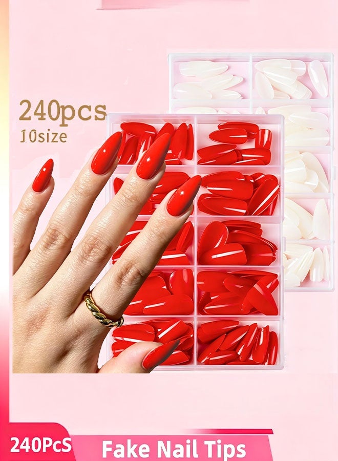 Happy D 240 false nail patches, almond-shaped press-on nails, ABS full-cover nail stickers suitable for women, suitable for daily use, parties, and weddings (milky white and red) - Image 1