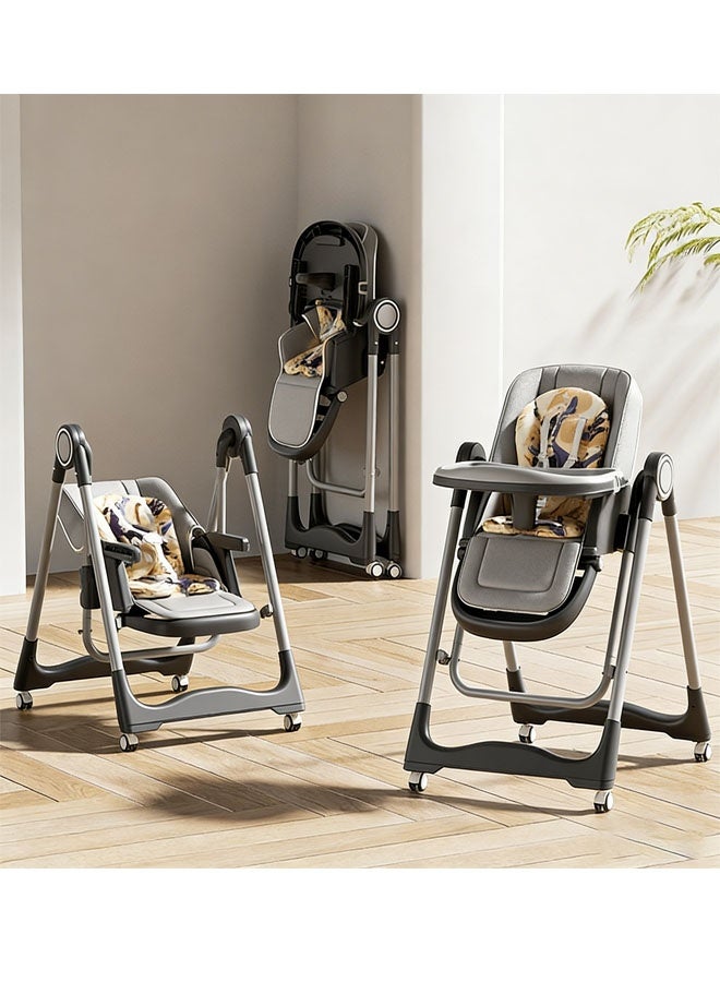 3 In 1 Baby Feeding High Chair With 8 Height Adjustable, Footrest, Tray, 160 Degree Recline, 5 Point Safety Belt And Wheels 6 Months To 6 Years Grey
