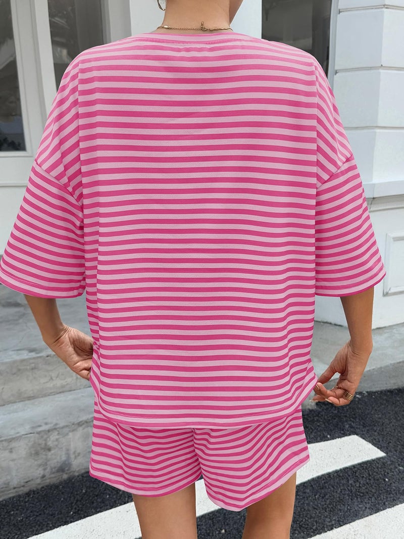 Fisoew Womens Striped Short Sets 2 Piece Outfits Sweatsuits 3/4 Sleeve Pajamas Casual Lounge Sets Pink - Image 5