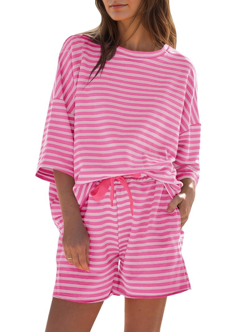 Fisoew Womens Striped Short Sets 2 Piece Outfits Sweatsuits 3/4 Sleeve Pajamas Casual Lounge Sets Pink - Image 1