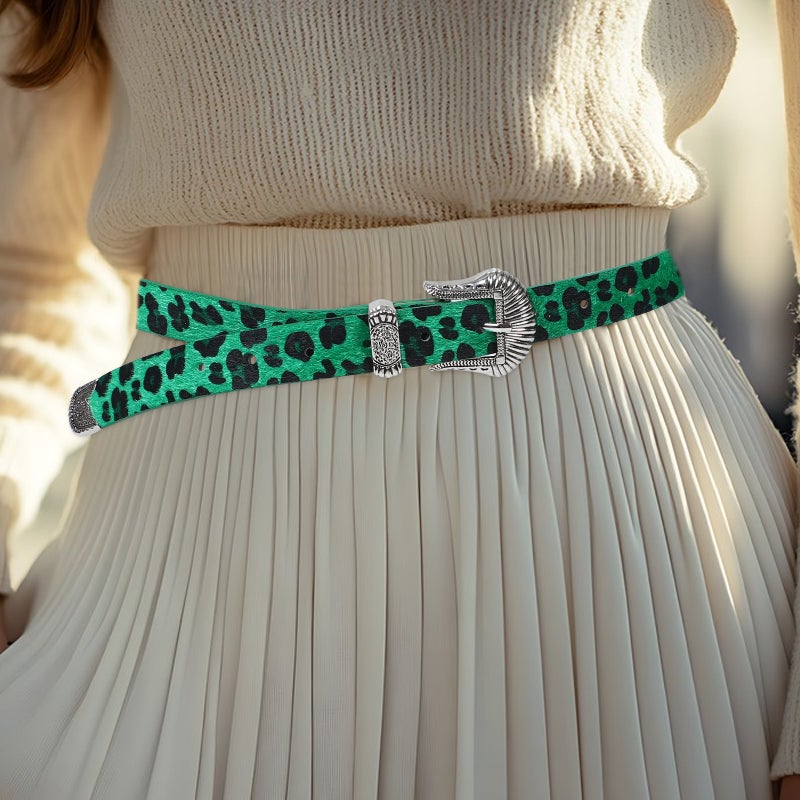 Womens Leopard Print Belt: Vintage Western Retro Wide Waist Belt Elegant Ladies Waistband For Jeans Dress Casual Wear Green - Image 3