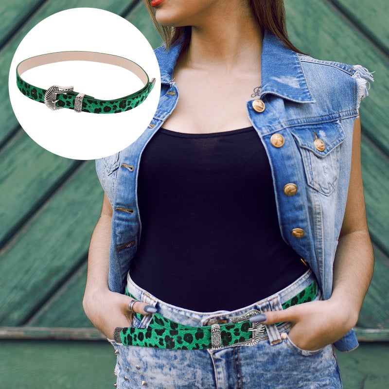 Womens Leopard Print Belt: Vintage Western Retro Wide Waist Belt Elegant Ladies Waistband For Jeans Dress Casual Wear Green - Image 1