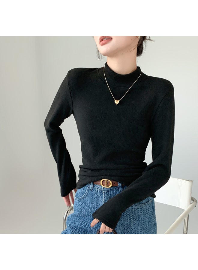 Coconut Fleece Semi-turtleneck Base Layer Women's Autumn Winter Slim Fit Fleece Lined Thickened Windproof Warm Long Sleeve Top - Image 1