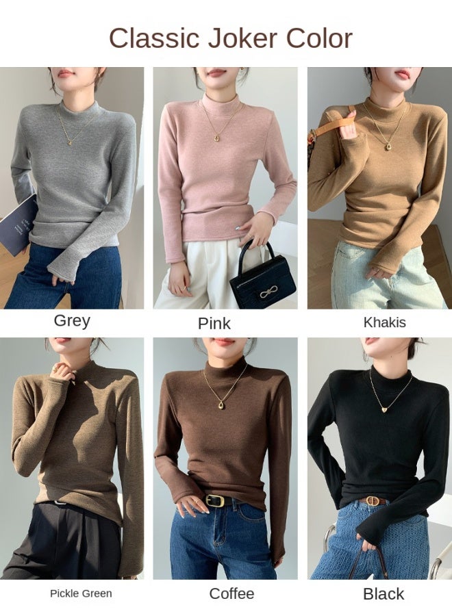 Coconut Fleece Semi-turtleneck Base Layer Women's Autumn Winter Slim Fit Fleece Lined Thickened Windproof Warm Long Sleeve Top - Image 3