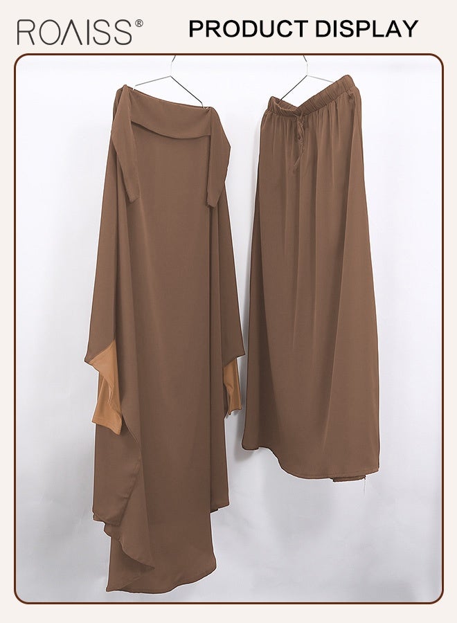 roaiss Women's Traditional Wear Loose Suit Casual Hooded Large Hem Circumference Solid Color Gown 2 Piece Classic National Worship Long Sleeve One-Piece Headscarf Abaya Dress Brown  - Image 5