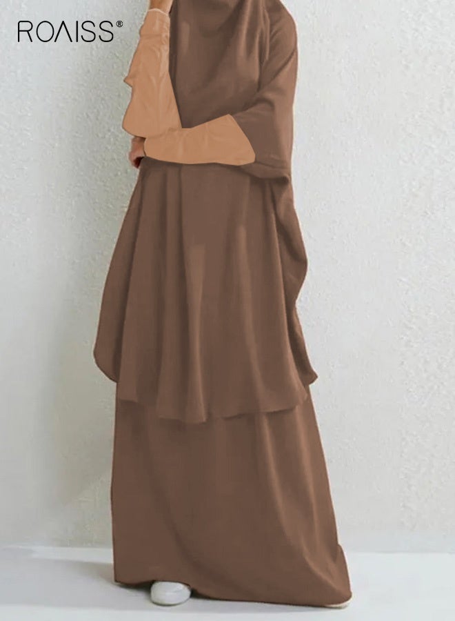 roaiss Women's Traditional Wear Loose Suit Casual Hooded Large Hem Circumference Solid Color Gown 2 Piece Classic National Worship Long Sleeve One-Piece Headscarf Abaya Dress Brown  - Image 1