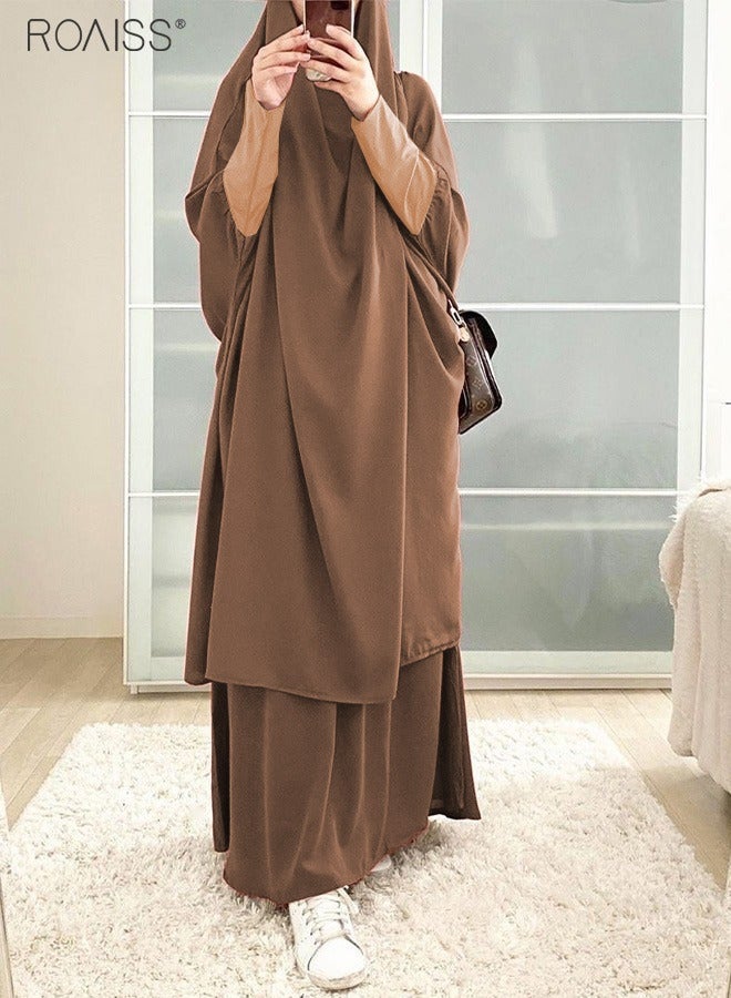 roaiss Women's Traditional Wear Loose Suit Casual Hooded Large Hem Circumference Solid Color Gown 2 Piece Classic National Worship Long Sleeve One-Piece Headscarf Abaya Dress Brown  - Image 2