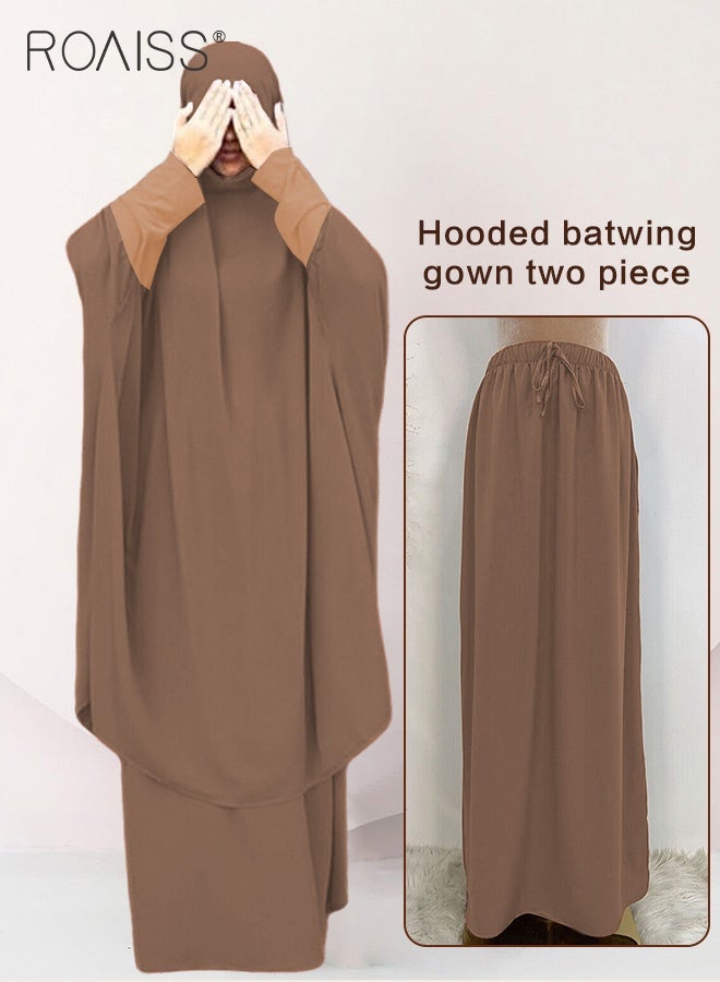 roaiss Women's Traditional Wear Loose Suit Casual Hooded Large Hem Circumference Solid Color Gown 2 Piece Classic National Worship Long Sleeve One-Piece Headscarf Abaya Dress Brown  - Image 3