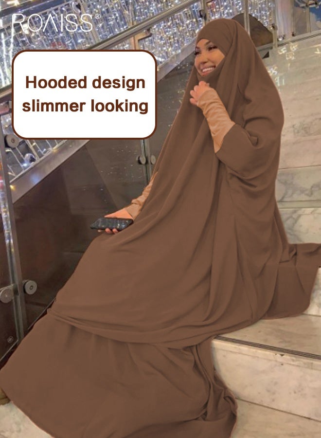 roaiss Women's Traditional Wear Loose Suit Casual Hooded Large Hem Circumference Solid Color Gown 2 Piece Classic National Worship Long Sleeve One-Piece Headscarf Abaya Dress Brown  - Image 4