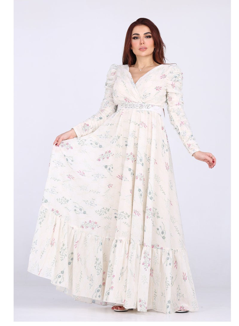 Modern Design Long evening dress with long sleeves and a belt at the waist. Enjoy an elegant look full of femininity. Stay beautiful on all occasions with this dress made of the finest chiffon material and the fine  - Image 1