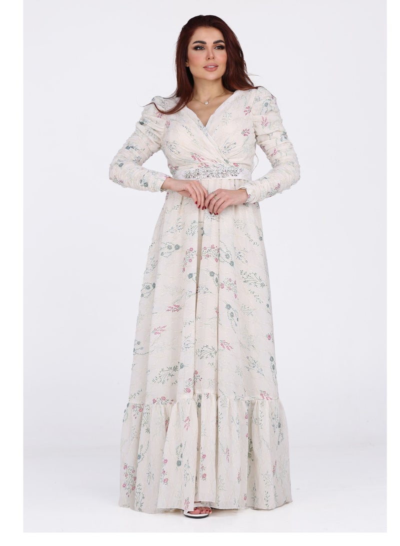 Modern Design Long evening dress with long sleeves and a belt at the waist. Enjoy an elegant look full of femininity. Stay beautiful on all occasions with this dress made of the finest chiffon material and the fine  - Image 2
