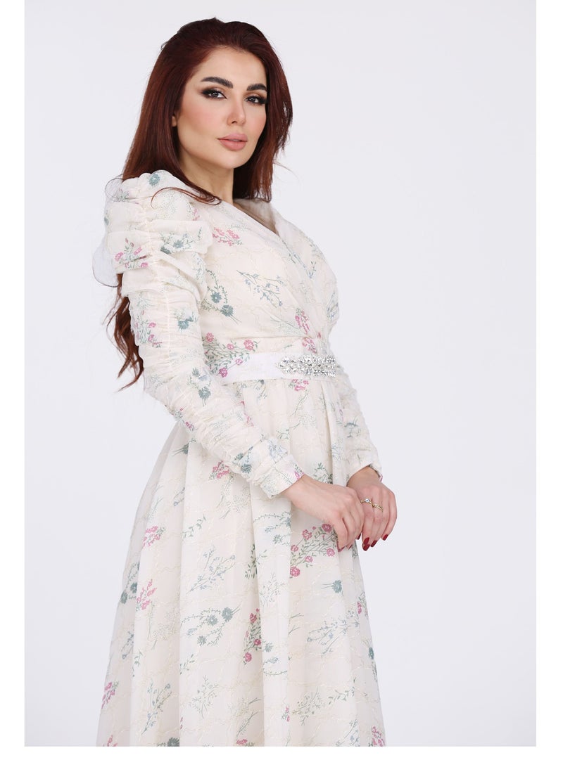 Modern Design Long evening dress with long sleeves and a belt at the waist. Enjoy an elegant look full of femininity. Stay beautiful on all occasions with this dress made of the finest chiffon material and the fine  - Image 3