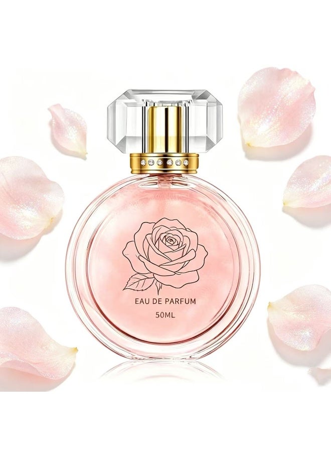 عطر ورد بالبريق الوردي للسيدات العربية سعة 50 مل برائحة زهور وفاكهة تدوم طويلًا، زجاج عطر كريستال بغطاء مرصع بالألماس، هدية فاخرة مثالية لعيد الميلاد والأعياد - Image 1