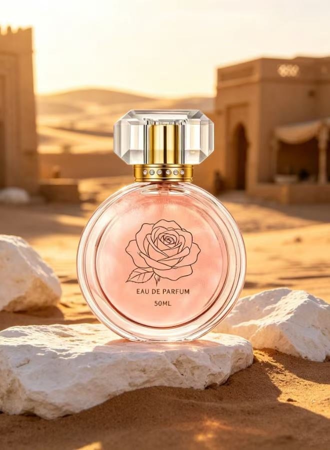 عطر ورد بالبريق الوردي للسيدات العربية سعة 50 مل برائحة زهور وفاكهة تدوم طويلًا، زجاج عطر كريستال بغطاء مرصع بالألماس، هدية فاخرة مثالية لعيد الميلاد والأعياد - Image 4