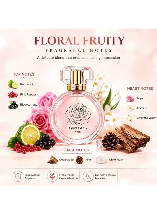 عطر ورد بالبريق الوردي للسيدات العربية سعة 50 مل برائحة زهور وفاكهة تدوم طويلًا، زجاج عطر كريستال بغطاء مرصع بالألماس، هدية فاخرة مثالية لعيد الميلاد والأعياد - Image 2