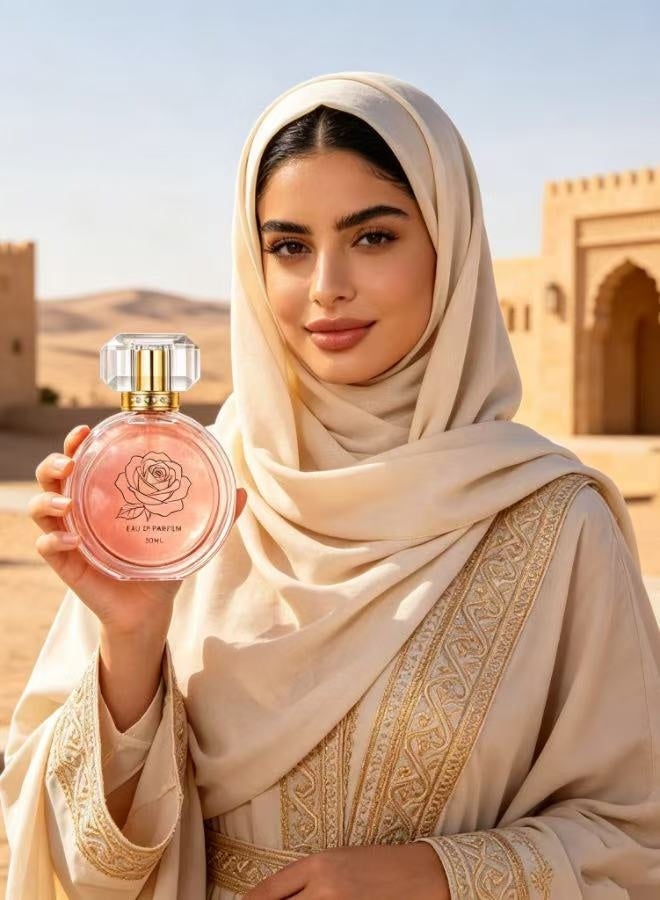 عطر ورد بالبريق الوردي للسيدات العربية سعة 50 مل برائحة زهور وفاكهة تدوم طويلًا، زجاج عطر كريستال بغطاء مرصع بالألماس، هدية فاخرة مثالية لعيد الميلاد والأعياد - Image 3