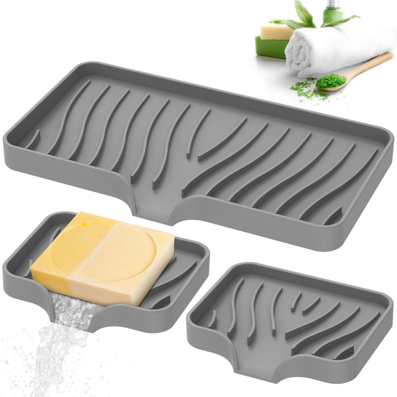 STORE 2508 Store2508 Pack of 3 Silicone Soap Dish, Kitchen Sink Organizer Tray, Sponge Holder Kitchen Soap Tray Organizer Dish Soap Sponge Tray Bar Soap Holder Self Draining Soap Dish for Shower Bathroom Grey - Image 1