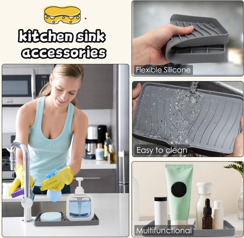 STORE 2508 Store2508 Pack of 3 Silicone Soap Dish, Kitchen Sink Organizer Tray, Sponge Holder Kitchen Soap Tray Organizer Dish Soap Sponge Tray Bar Soap Holder Self Draining Soap Dish for Shower Bathroom Grey - Image 3