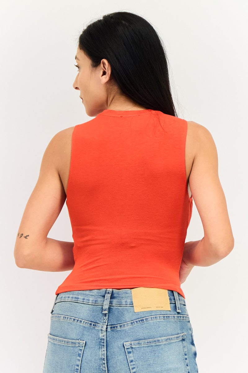 Bershka تي شيرت بلا أكمام للنساء بتصميم دائري، أحمر - Image 3