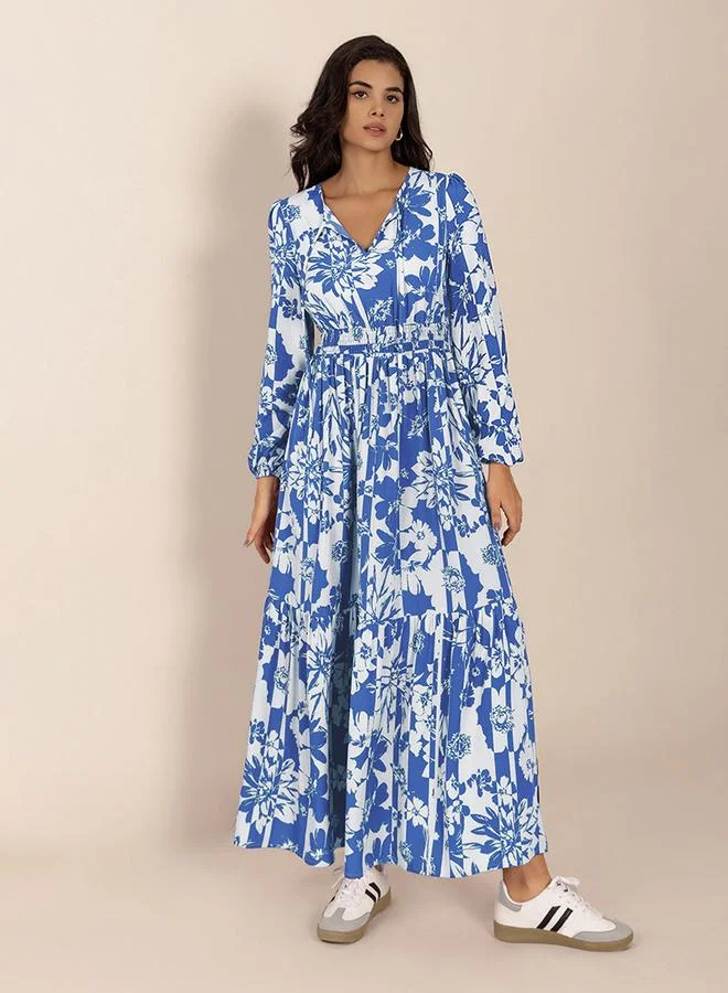 تايك تو Women's Floral Printed V Neck Long Sleeve Maxi Dress