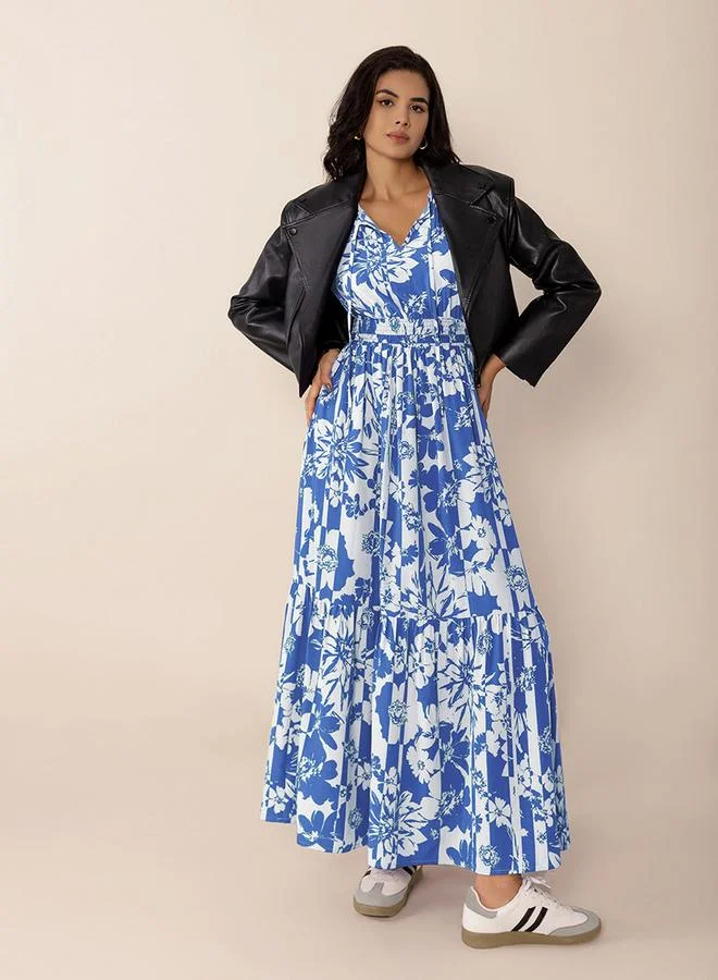 تايك تو Women's Floral Printed V Neck Long Sleeve Maxi Dress