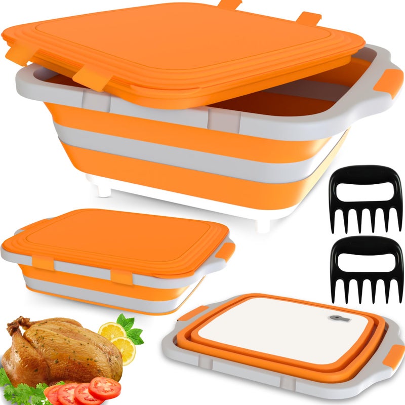 MAYALEAD BBQ Prep Tub with 2 Pcs Meat Shredder Claws Collapsible Cutting Board Cutting Board with Locking Lids Drip Easy BBQ Prep Tub with lidXL Size Orange