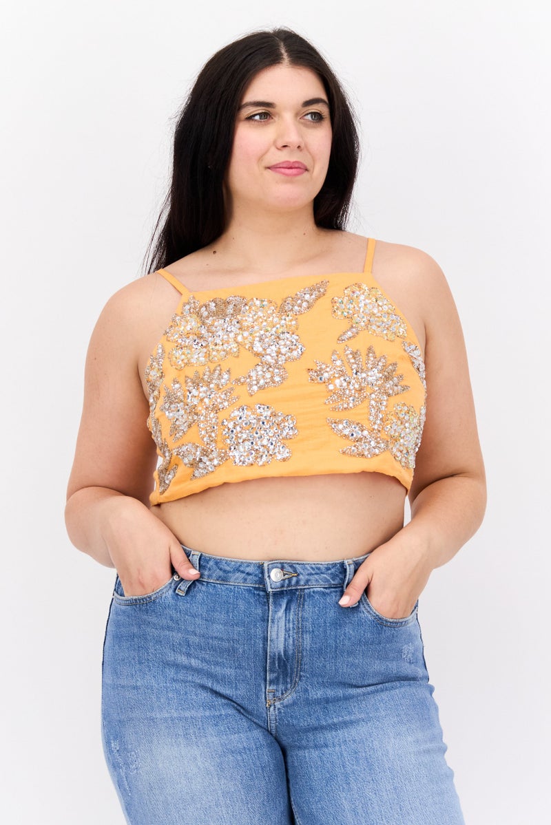 Asos Design Women Square Neck Sleeveless Embellished Wrap Top, Orange - Image 1