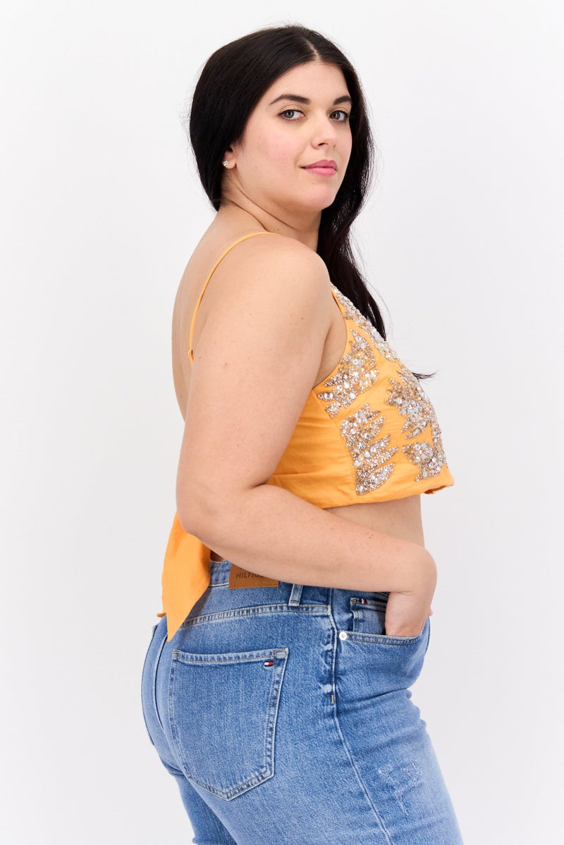 Asos Design Women Square Neck Sleeveless Embellished Wrap Top, Orange - Image 2