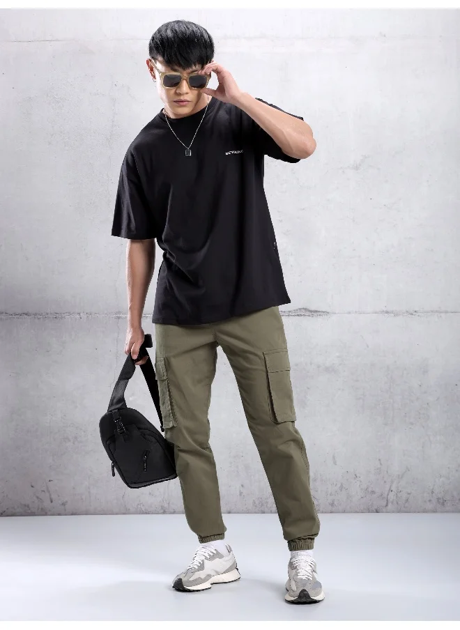 بيونغ Solid Cotton Tan Brown Cargo Pant For Men