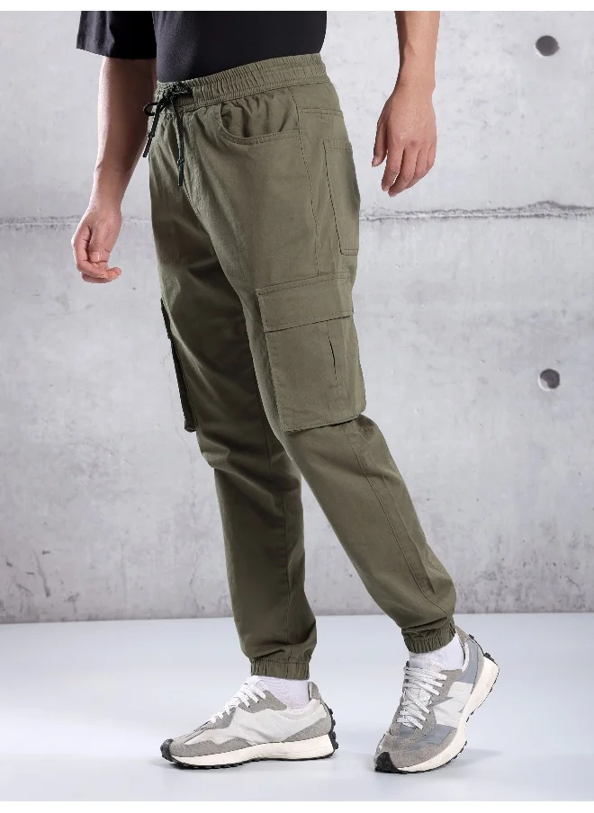 بيونغ Solid Cotton Tan Brown Cargo Pant For Men