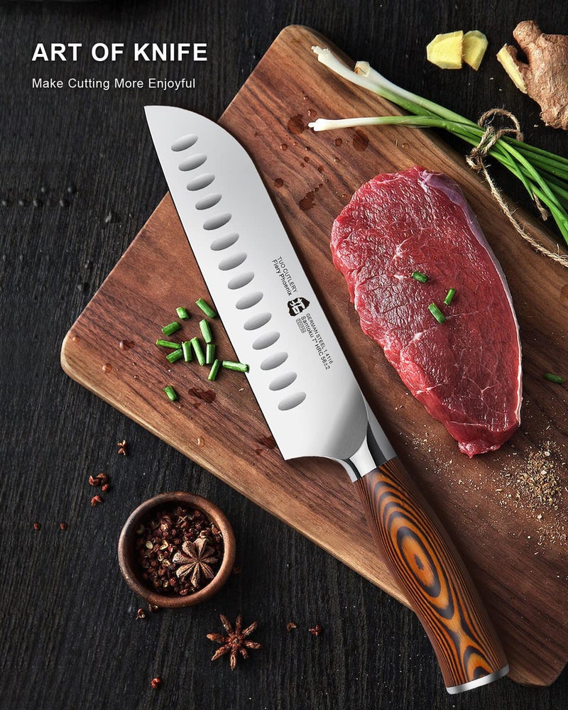 TUO Santoku Knife - 7 inch Kitchen Knife Japanese Chef Knife, High Carbon Stainless Steel Chef Knife, Ergonomic Pakkawood Handle, Gift Box - Fiery Phoenix Series - Image 5