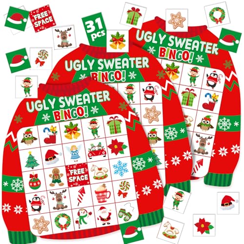 Blosssound Christmas Bingo Game for Kids Adults 24 Players Ugly Sweater Holiday Party Game Cards Set Family Xmas Activities Classroom Office Party Supplies - Image 1