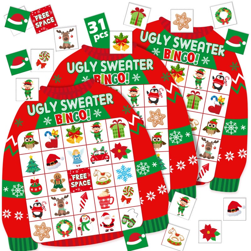 Blosssound Christmas Bingo Game for Kids Adults 24 Players Ugly Sweater Holiday Party Game Cards Set Family Xmas Activities Classroom Office Party Supplies - Image 3